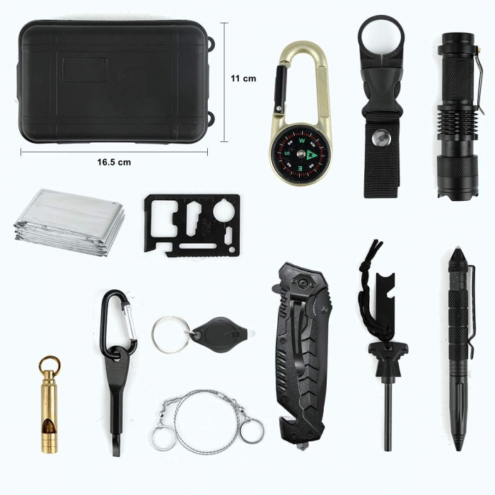 Kit supravietuire 19 in 1 Flippy, Cutit/Busola/Lanterna/Fluier/Chingi/Paracord, pentru Caping, Drumetii, Aventuri, Insturmente profesionale, Negru [3]