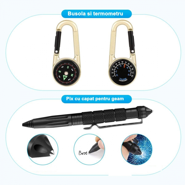 Kit supravietuire 19 in 1 Flippy, Cutit/Busola/Lanterna/Fluier/Chingi/Paracord, pentru Caping, Drumetii, Aventuri, Insturmente profesionale, Negru [4]