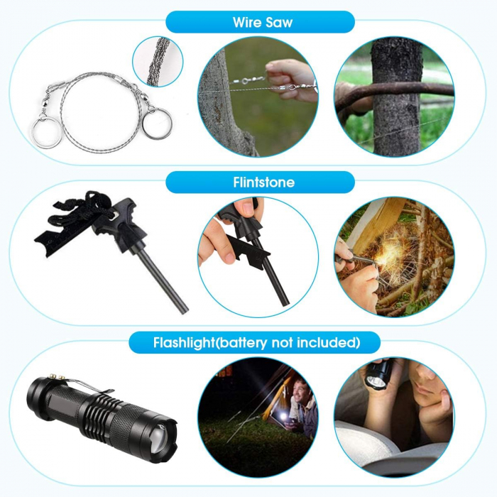 Kit supravietuire 19 in 1 Flippy, Cutit/Busola/Lanterna/Fluier/Chingi/Paracord, pentru Caping, Drumetii, Aventuri, Insturmente profesionale, Negru [2]