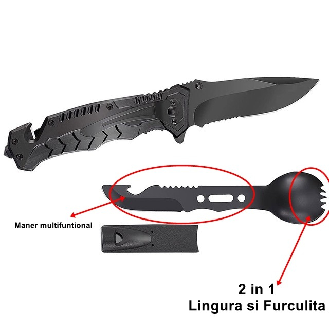Kit supravietuire multifuncional Flippy, 42 de Instrumente Profesionale, Echipament de prim-ajutor, Drumetie, Camping, Negru [8]