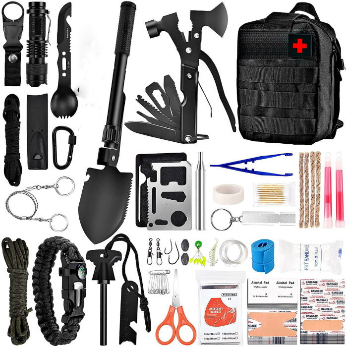 Kit supravietuire multifuncional Flippy, 42 de Instrumente Profesionale, Echipament de prim-ajutor, Drumetie, Camping, Negru [1]