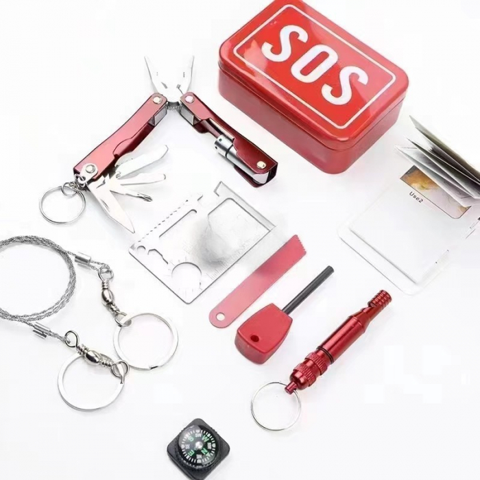 Kit supravietuire multifunctional Flippy, Instrumente profesionale, tip cutie, pentru Camping, Drumetii, Aventuri in aer liber, borseta inclusa, rosu [3]