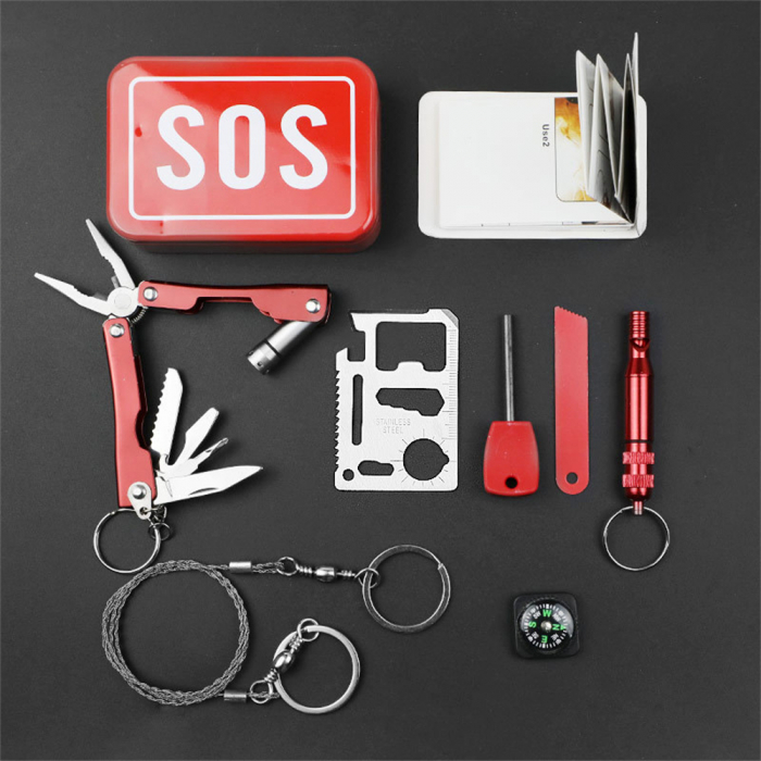 Kit supravietuire multifunctional Flippy, Instrumente profesionale, tip cutie, pentru Camping, Drumetii, Aventuri in aer liber, borseta inclusa, rosu [1]