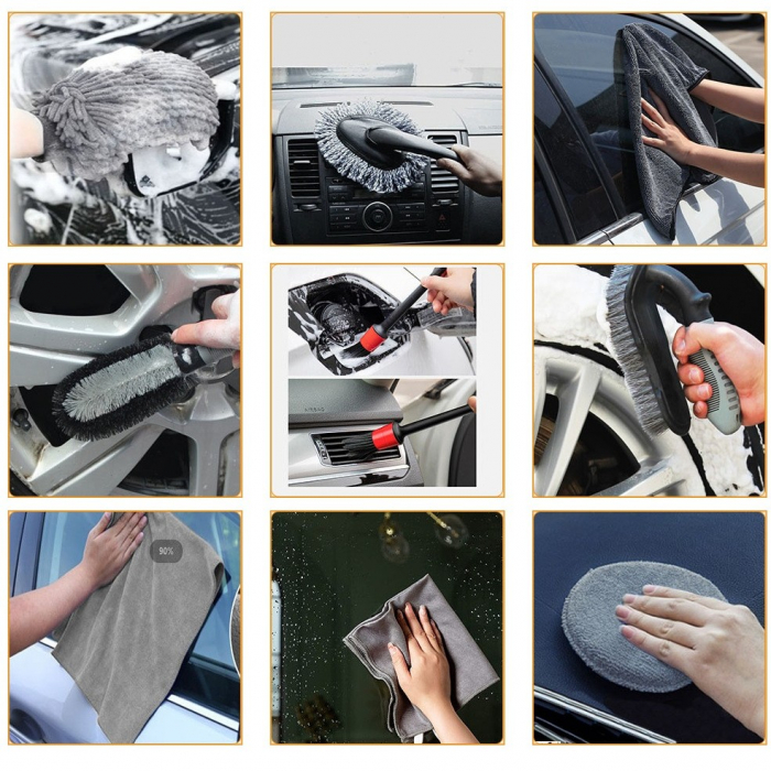 Set 9 Piese pentru Spalat Auto, Flippy, din Plastic si Microfibra, Perii si Lavete, Model A, Gri [3]
