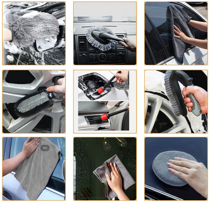 Set 9 Piese pentru Spalat Auto, Flippy, din Plastic si Microfibra, Perii si Lavete, Model A, Gri [2]