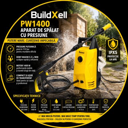Auto - Aparat de Spălat cu Presiune BuildXell PW1400 – Putere și Curățenie Impecabilă!