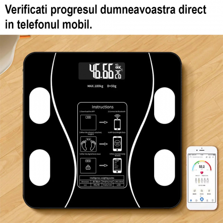 Cantar Digital si Wi-Fi - Cantar Electronic Inteligent De Baie Flippy Cu Aplicatie Smart, Corporal, Ecran Digital Iluminat, Termometru, Suporta Maxim 180 Kg, 26 x 26 cm, Baterii, Negru