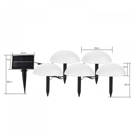 Panou Solar - Decoratiune pentru gradina, Flippy, lampa solara in forma de ciuperca, 5 ciuperci, alb cald