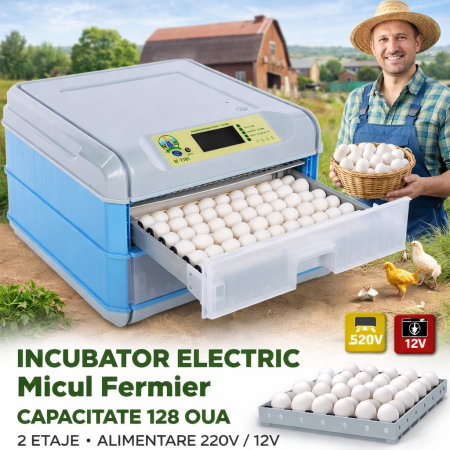 Incubator de Oua - Incubator electric Micul Fermier capacitate 128 oua, 2 etaje, alimentare 220V/12V