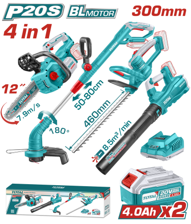 Drujba pe Baterie - KIT COMBO 20V - 4.0Ah - DRUJBA, TRIMMER PENTRU GARD VIU, SUFLANTA, TRIMMER DE TUNS IARBA