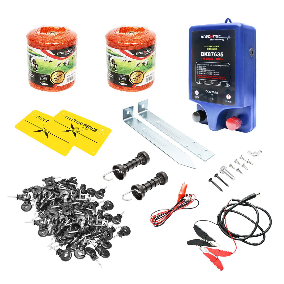 Aparate zootehnie - Kit complet gard electric 12V, 1 Joule, lungime fir 1000m, 200 izolatori, 2 manere poarta si 2 placute avertizare Breckner Germany