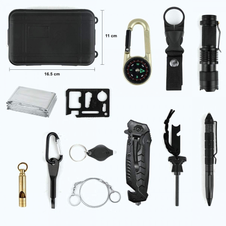 Kit supravietuire 19 in 1 Flippy, Cutit/Busola/Lanterna/Fluier/Chingi/Paracord, pentru Caping, Drumetii, Aventuri, Insturmente profesionale, Negru [2]