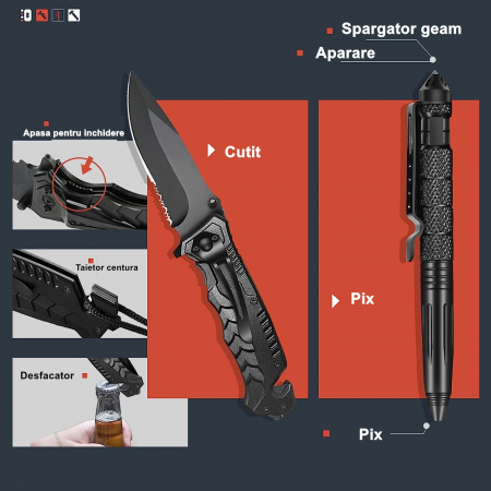 Kit-uri si  Accesorii Camping - Kit supravietuire 19 in 1 Flippy, Cutit/Busola/Lanterna/Fluier/Chingi/Paracord, pentru Caping, Drumetii, Aventuri, Insturmente profesionale, Negru