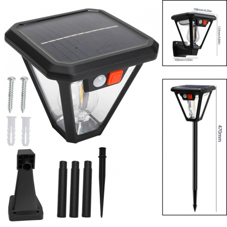 Lampa Solara LED, Flippy, Tip Felinar, pentru Perete/Sol, 10.8 x 12.3 x 46 cm, 3 Moduri, Lumina Calda, din ABS si PP, Negru [1]