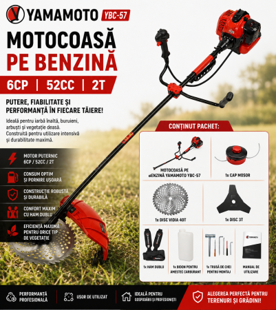Unelte Gradinarit - Motocoasă pe benzină YAMAMOTO 6CP, 52CC, 2T – Putere Profesională pentru Orice Lucrare!