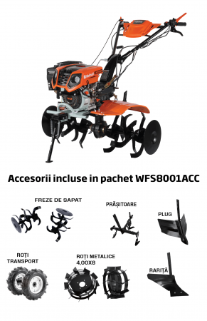 Motocultoare - MOTOCULTOR CU FAR SI ACCESORII (PLUG, RARITA, ROTI DE TRANSPORT 5,00X8, ROTI META