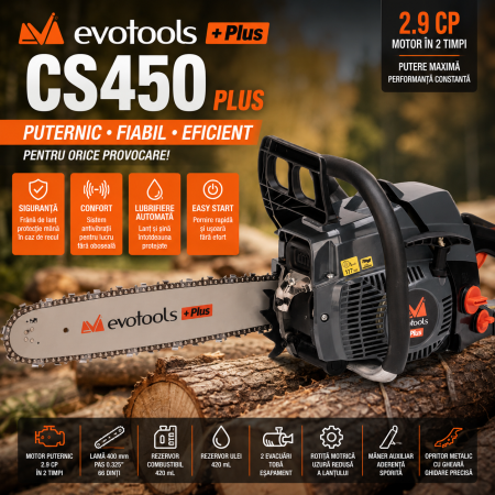 Unelte Gradinarit - Motoferăstrău EvoTools CS450 Plus – Putere, Siguranță și Performanță Profesională!