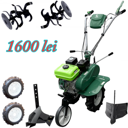 Motocultoare - MOTOSAPA - BENZINA - 8CP. Accesorii: roti de transport 4.00-8, plug, rarita si freze pentru sapat