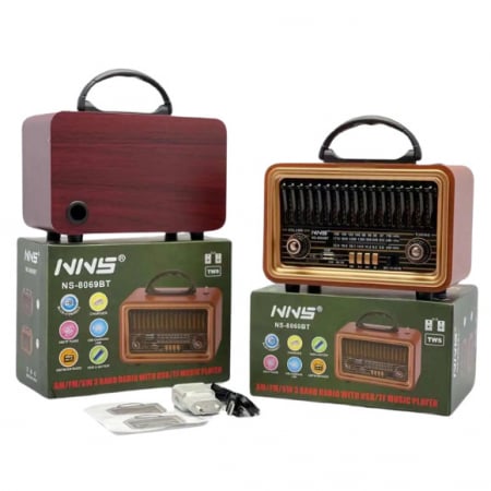 Periferice - RADIO PORTABIL RETRO NS 8069 BT, ACUMULATOR,USB, BLUETOOTH, AUX, USB