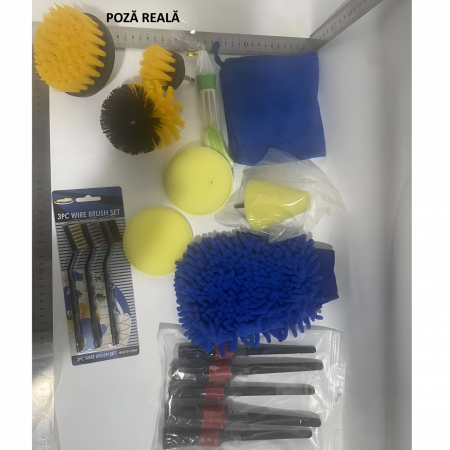Set 17 Accesorii pentru Curatare Auto, Flippy, Interior si Exterior, 4 Capete pentru Bormasina, 5 Pensule, 3 Perii, 1 Laveta, 1 Manusa, 1 Perie Tripla Grilaj, 2 Bureti, Multicolor [1]