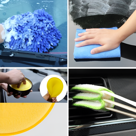 Cauciuc - Set 17 Accesorii pentru Curatare Auto, Flippy, Interior si Exterior, 4 Capete pentru Bormasina, 5 Pensule, 3 Perii, 1 Laveta, 1 Manusa, 1 Perie Tripla Grilaj, 2 Bureti, Multicolor