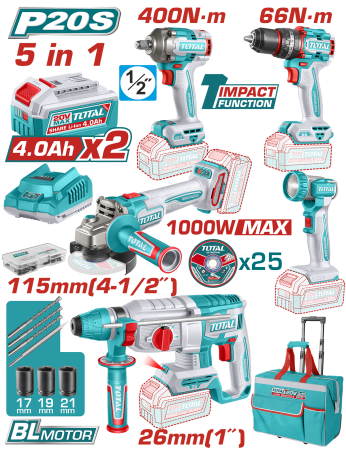 Scule pe acumulator - SET 5 UNELTE - 20V - CU 2 ACUMULATORI 4.0Ah SI INCARCATOR