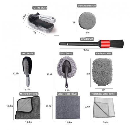 Cauciuc - Set 9 Piese pentru Spalat Auto, Flippy, din Plastic si Microfibra, Perii si Lavete, Model A, Gri