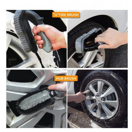 Set 9 Piese pentru Spalat Auto, Flippy, din Plastic si Microfibra, Perii si Lavete, Model A, Gri [3]