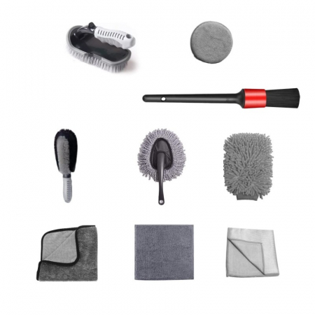 Set 9 Piese pentru Spalat Auto, Flippy, din Plastic si Microfibra, Perii si Lavete, Model A, Gri [7]