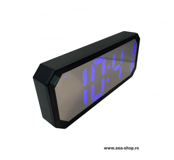Ceas oglinda cu chenar si afisaj led albastru, negru [2]