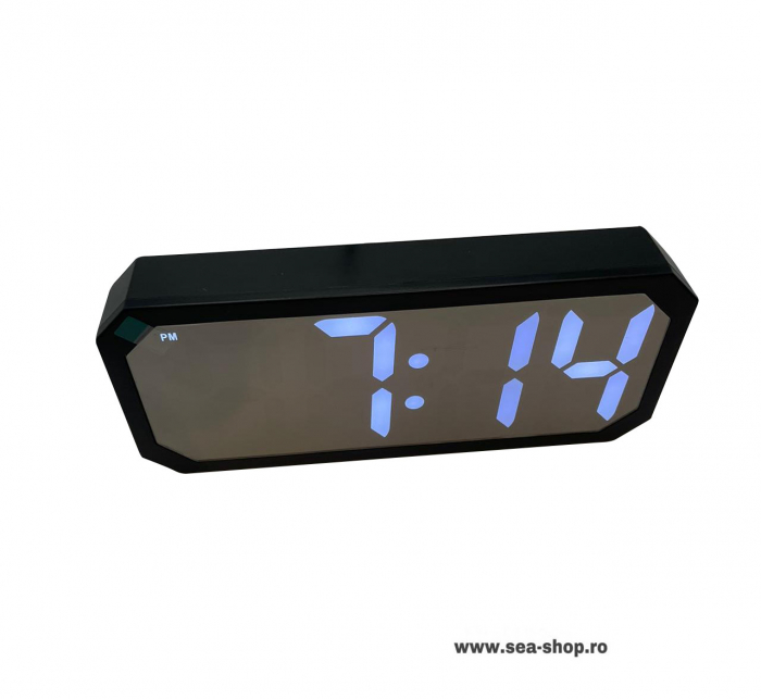 Ceas oglinda cu chenar si afisaj led albastru, negru [3]
