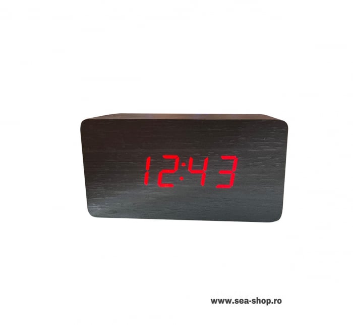 Ceas Digital LED cu aspect lemn, led rosu, culoare negru [2]