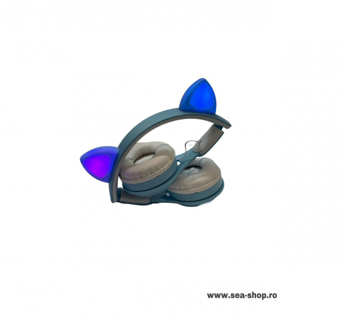 Casti Audio Wireless Urechi de pisica cu Bluetooth si lumini colorate, culoare Albastru [2]
