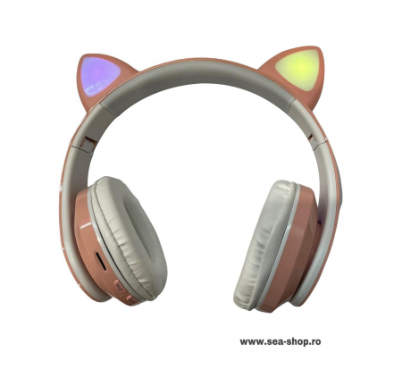 Casti Audio - Casti Wireless CATS cu lumini RGB, roz
