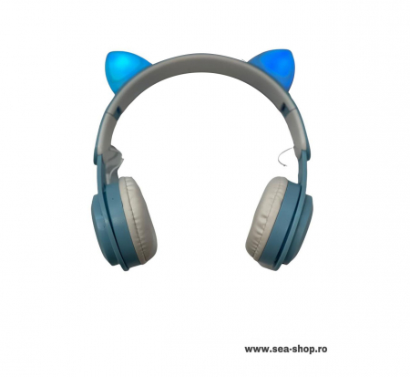 Casti Audio - Casti Audio Wireless Urechi de pisica cu Bluetooth si lumini colorate, culoare Albastru