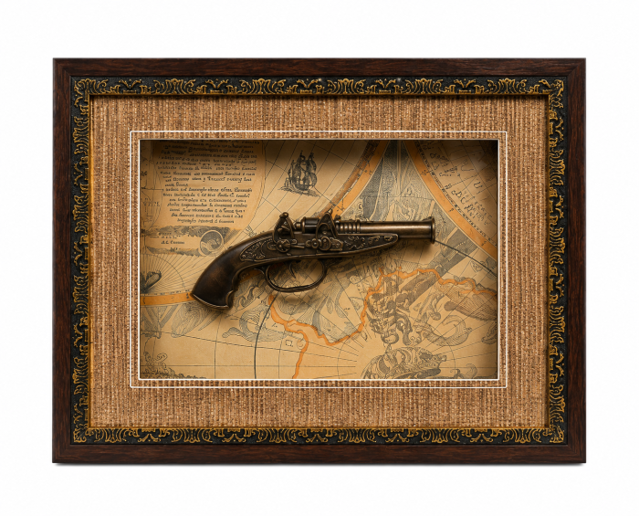 Tablou Decorativ cu Pistol Vintage și Hartă Veche, Ramă Elegantă, 45 cm [3]