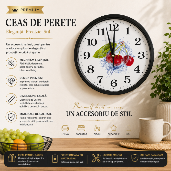 Ceas de Perete 25 cm cu Mecanism Silențios – Cireșe [3]