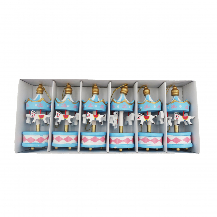 Set 6 globuri din lemn, in forma de carusel cu caluti, 9 cm [2]