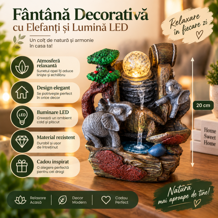 Fântână Decorativă cu Elefanți și Lumină LED – 20 cm [2]