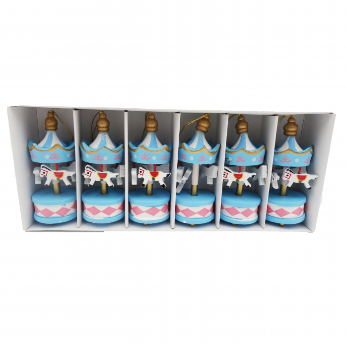 Set 6 globuri din lemn, in forma de carusel cu caluti, 9 cm [3]