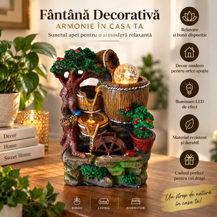 Fantana decorativa cu butoaie si copac 28 cm [2]