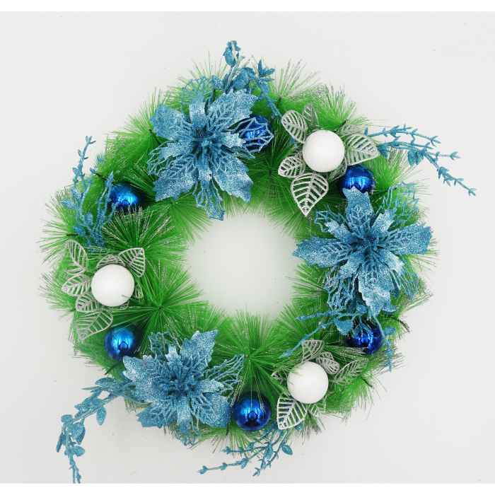 Coronita decorativa cu craciunite albastru si globuri, 30 cm [5]