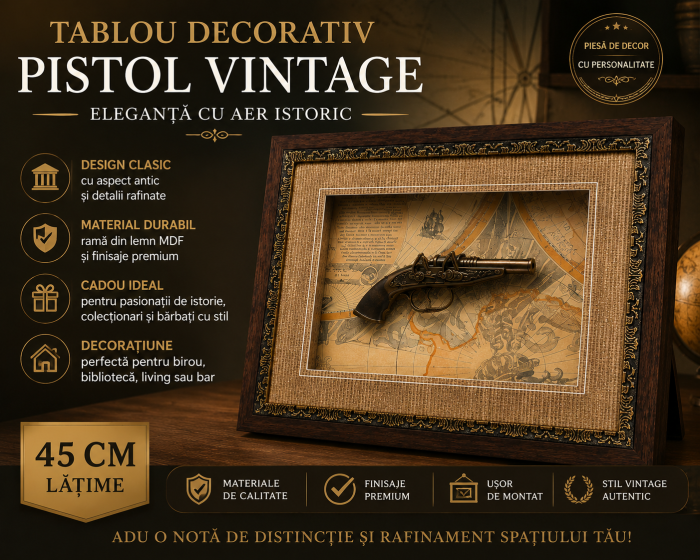 Tablou Decorativ cu Pistol Vintage și Hartă Veche, Ramă Elegantă, 45 cm [5]
