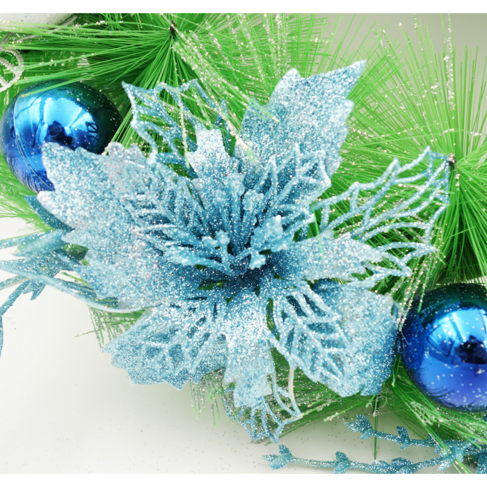 Coronita decorativa cu craciunite albastru si globuri, 30 cm [4]
