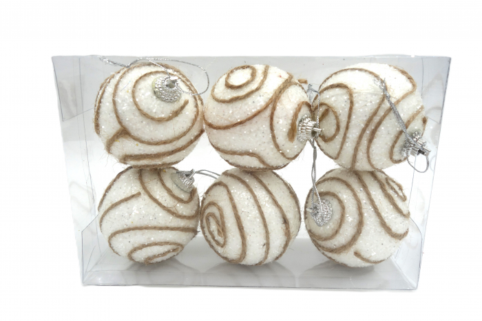 Set de 6 globuri albe cu sclipici, decorate cu ață, 5 cm [1]