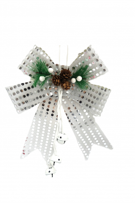 Fundiță decorativă argintie, cu vasc, crenguțe artificiale și globulețe albe, 25 cm [1]