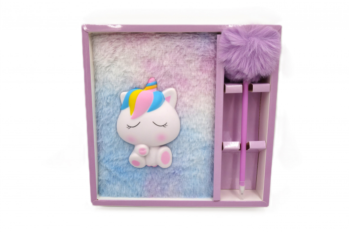 Agenda pufoasă cu pix pompon și unicorn squishy mic, 22 cm [6]