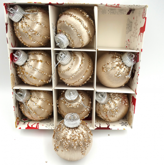Set de 9 globuri aurii lucioase, decorate cu pietricele, 10 cm [3]