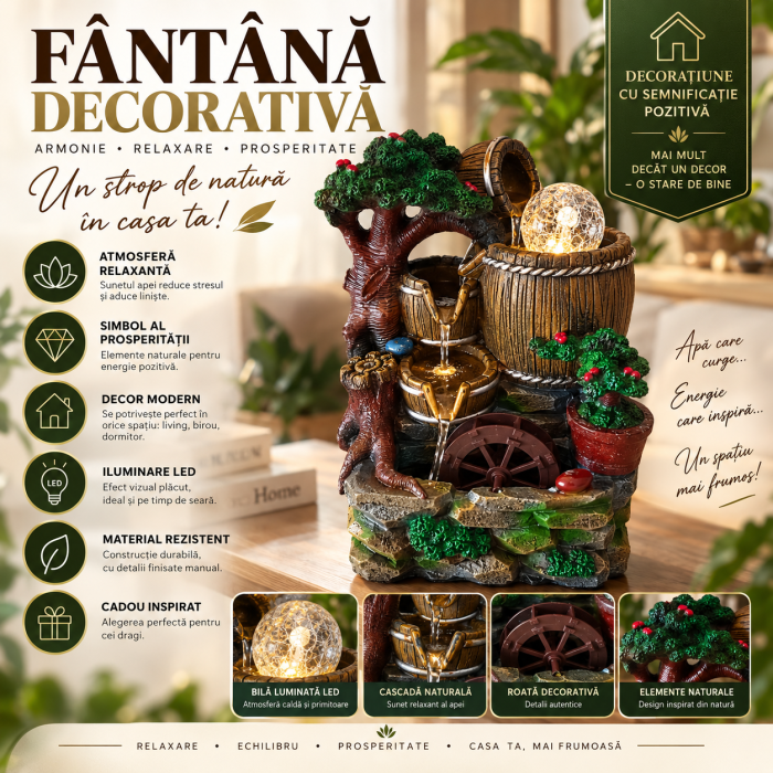 Fantana decorativa cu butoaie si copac 28 cm [6]