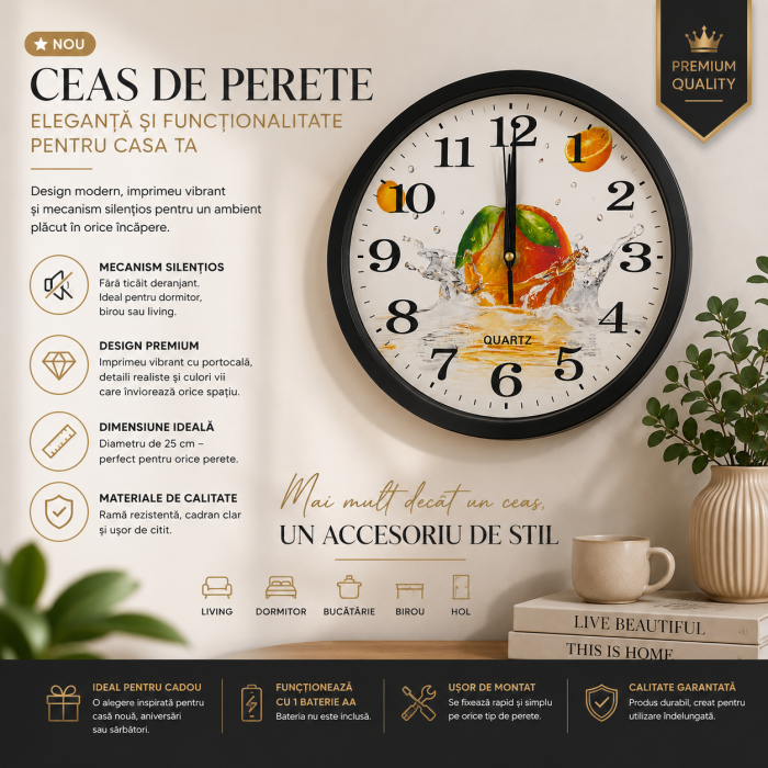 Ceas de Perete 25 cm cu Mecanism Silențios – Portocale [3]